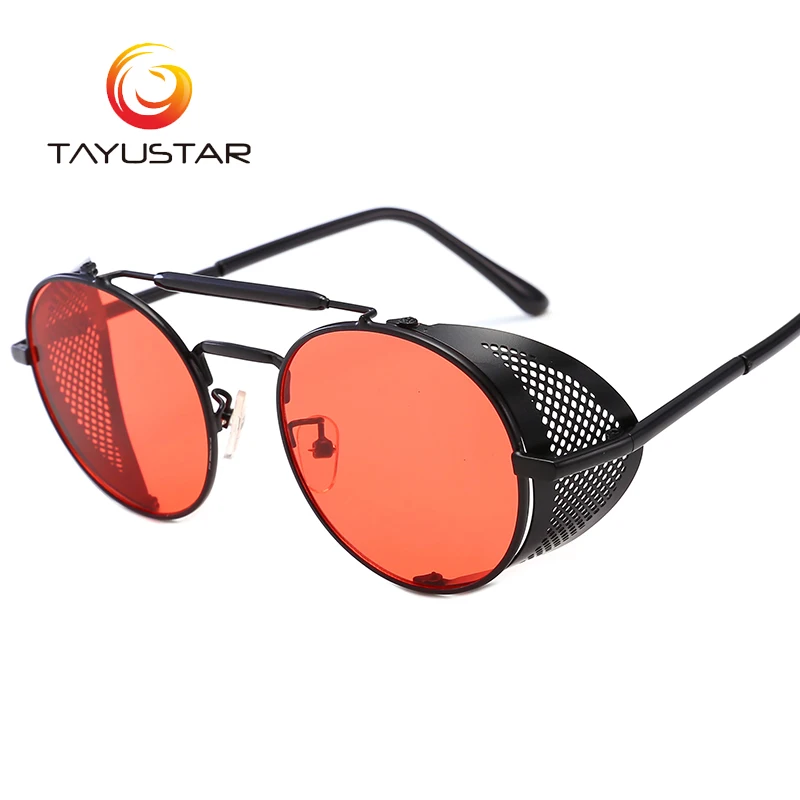 TIIYU модные ретро круглые стимпанк Солнцезащитные очки для мужчин и женщин боковая защита очки металлическая оправа готические зеркальные линзы солнцезащитные очки - Цвет линз: Черный