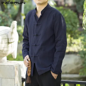 

INCERUN Men Solid Color Traditional Stand Collar Long Sleeve Casual Shirt Jackets Fashion Retro Buckle Streetwear Mens Blouse