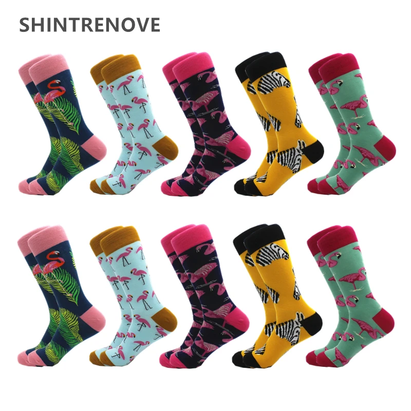 

10 Pairs/Lot Men's Socks Casual Combed Cotton Happy Color Socks With Print Flamingo High Quality Compression Funny Socks Men