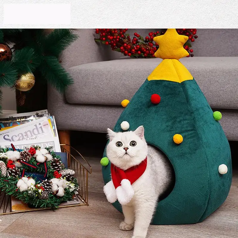 

Green Christmas Cat Felt Cave Bed Tree Shape Semi-Closed Pet Nest Cats Pets House Winter Warm Sleeping Bed Puppy Mat Gift