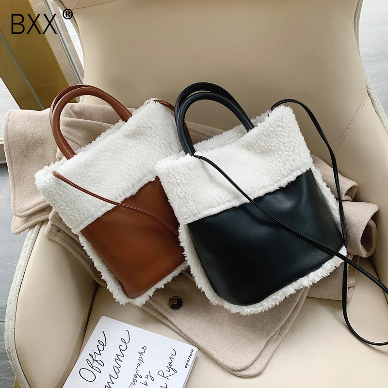 

[BXX] Faux Fur PU Shoulder Bags For Women 2020 Winter Warm Crossbody Messenger Bag Female Travel Solid Color Handbags HJ442