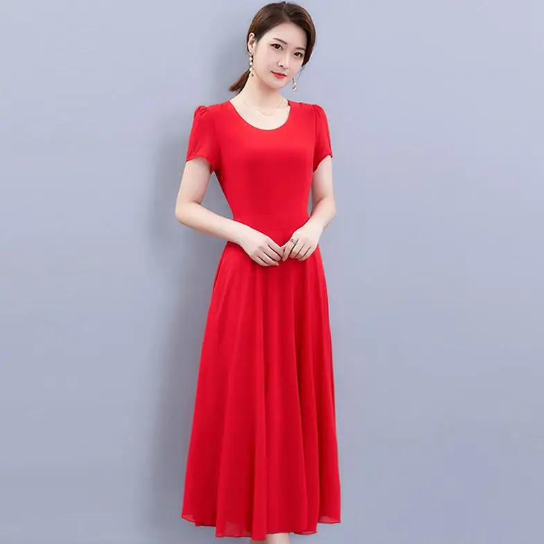red Short sleeve Большие размеры M-5XL шифоновое платье для женщин Лето Новое Модное Длинное Платье черное с круглым вырезом с коротким рукавом платье для женщин - Цвет: red Short sleeve