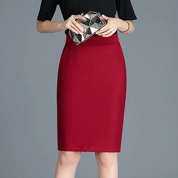 

Korean Office Women Pencil Solid Skirt Vintage Ladies Casual Empire Knee-Length Skirts Elegant Uniform High Waist Skirt