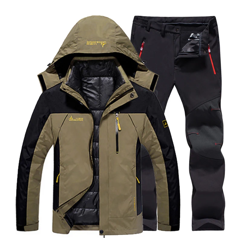khaki black TRVLWEGO мужские зимние водонепроницаемые рыболовные термо брюки размера плюс походные лыжные альпинистские куртки 3 в 1 - Цвет: khaki black