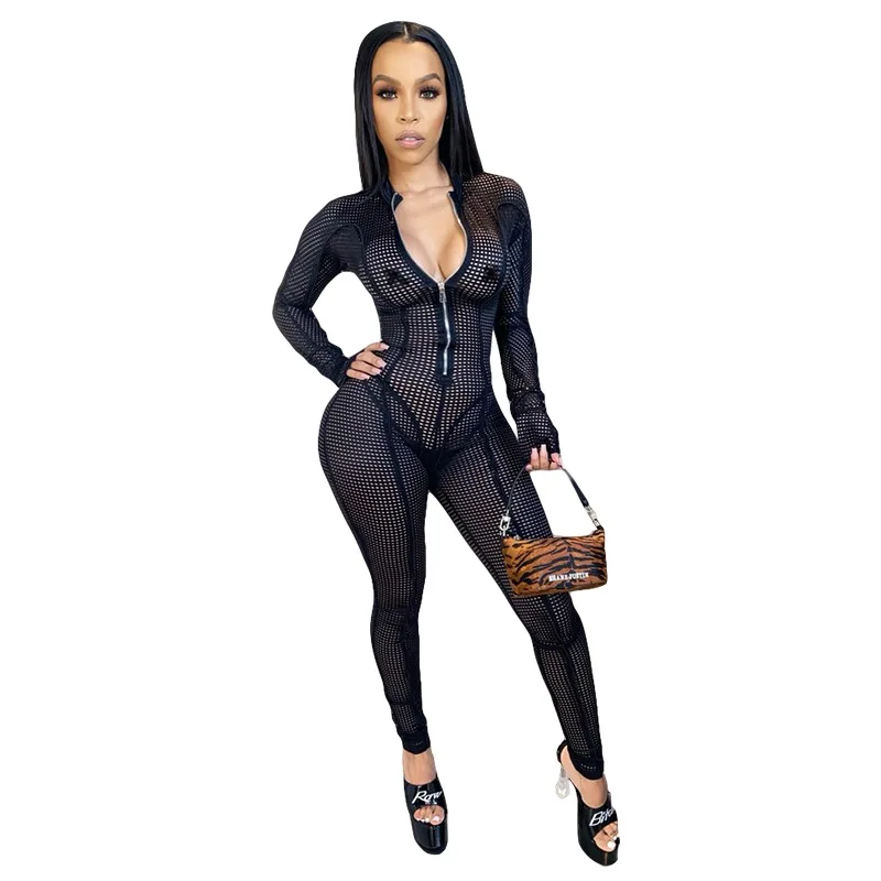 

Adogirl Clubwear Women Sexy See Through Plaid Jumpsuit Romper Long Sleeve Zipper Up Mesh Skinny Bodysuit Nightclub Playsuit