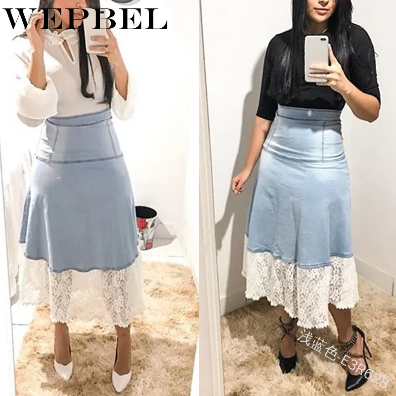

WEPBEL Skirt Summer High Waist Fashion Irregular Skirt Women's Casual Lace Stitching Denim Skirt