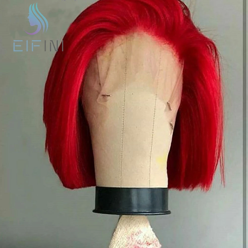 Красного цвета 13x6 короткие Синтетические волосы на кружеве человеческих волос парики 150% плотность бразильский Реми человеческие волосы прямого покроя боб парик предварительно выщипанные волосы