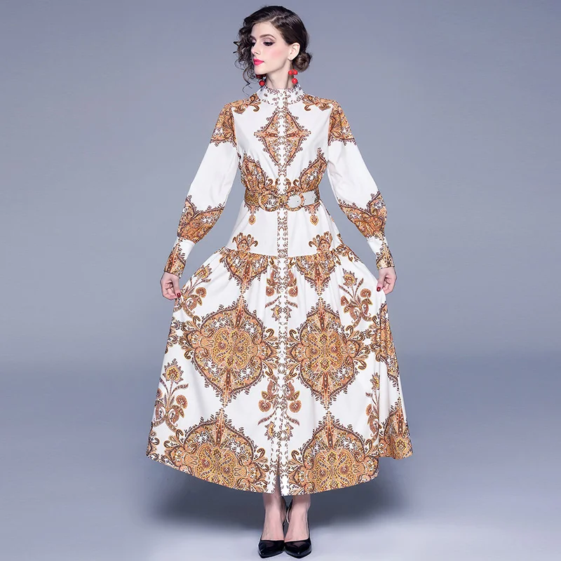 

2019 Autumn Runway Designer Woman Maxi Dress High Waist Puff Sleeve Sashes Gold Floral Print Single Breasted Split Long Dress