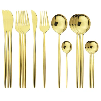 

16Pcs/Set Dinnerware Set Gold Cutlery Set 18/10 Stainless Steel Flatware Set Knife Fork Spoon Kitchen Party Tableware Silverware
