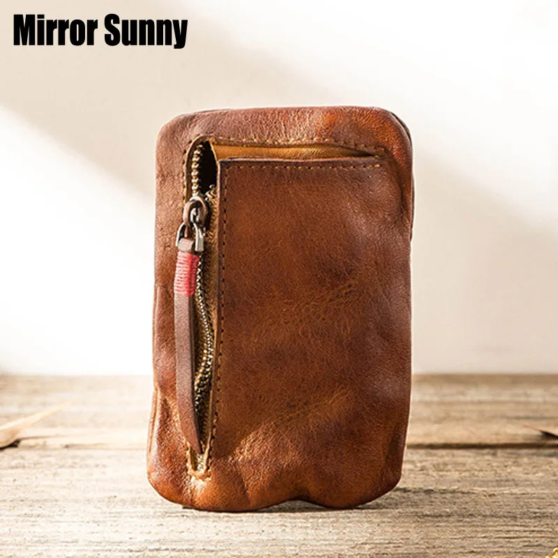 

Genuine Leather Handmade Brushed Coin Purse Men's Retro Top Cow Leather Driver's License Bag Lady Casure Ultra Thin Zipper Bag
