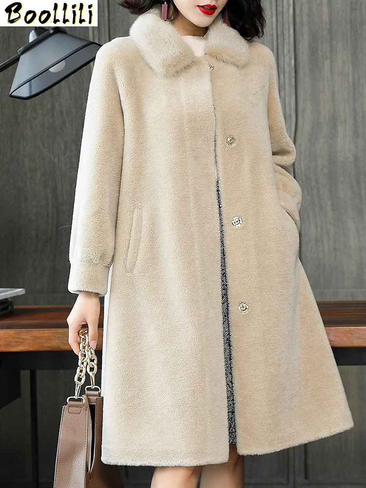 

Boollili Real Sheep Shearling Fur Coat Winter Jacket Women Mink Fur Collar 100% Wool Coats and Jackets Women Korean Jacket