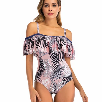 

Ruffle Swimsuit Large Size Swimwear Women One-piece Suits Woman Flounce Bathing Suit 2020 Monokini Plus Leaf Print Swim Wear XL