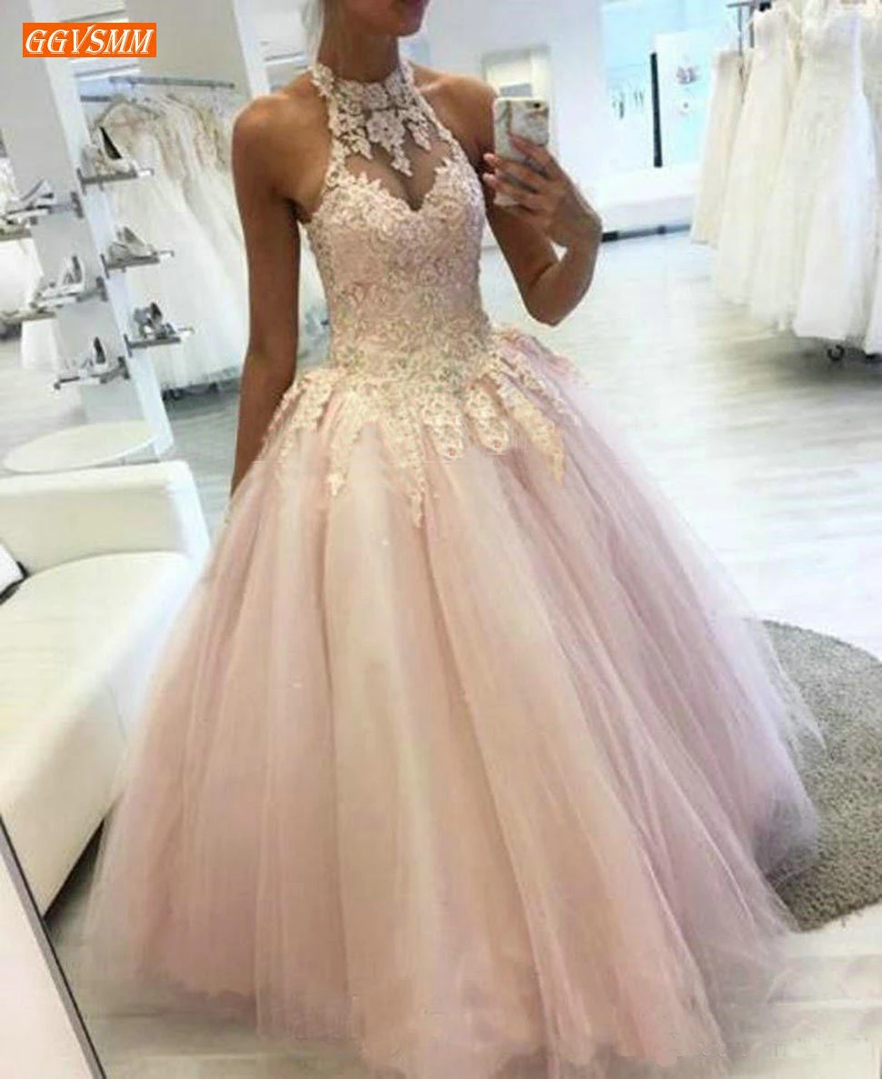 

Graceful Boho Ball Gown Pink Long Prom Dresses Halter Neck Tulle Prom Gowns Floor Length Applique Lace Women Formal Dress Custom