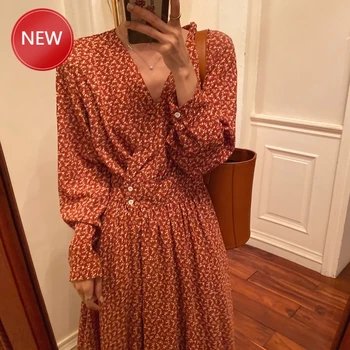 

Floral DressWomen Spring Sexy Long Sleeve Long Floral A-line Dress Elegant High Waist Red Vintage Dresses Womens Clothing