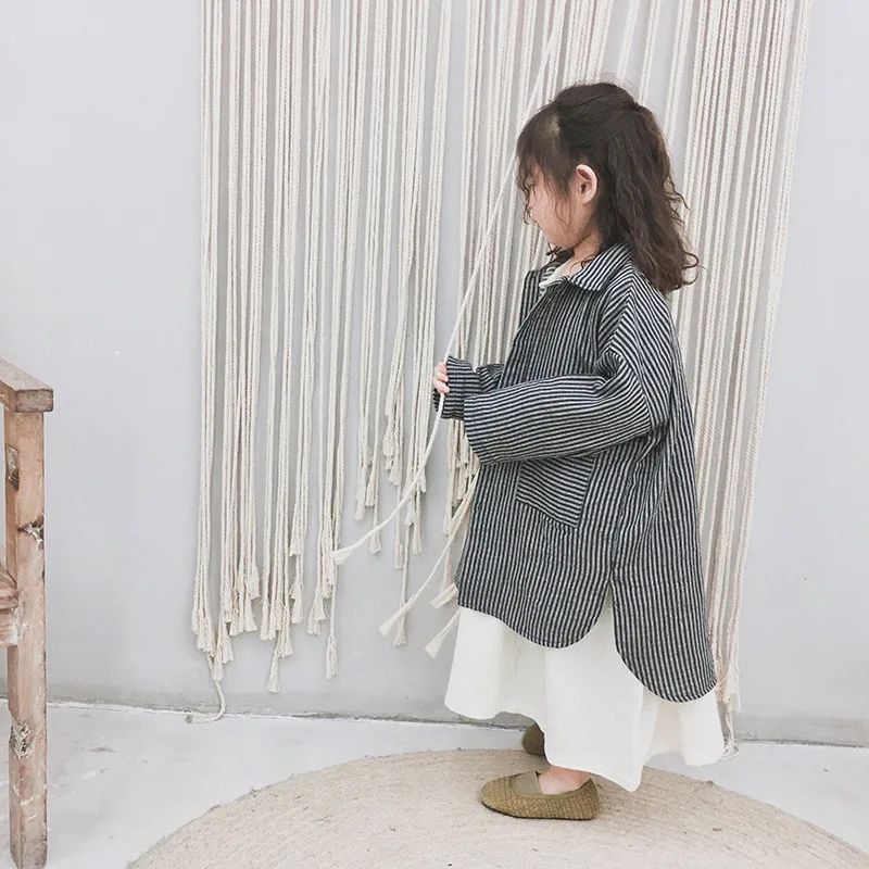 Spring And Autumn New Products Children Long Cotton Linen Shirt han ban Stripes Long Shirt Loose-Fit Shirt Coat
