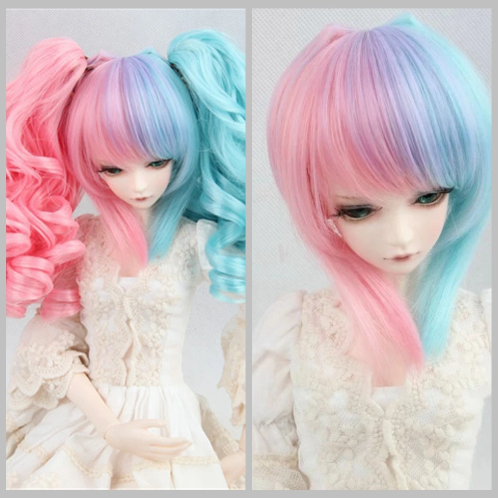 

High Quality High Temperature Wire Pink Blue Wave Wigs for 1/3 1/4 1/6 BJD Dolls With 2 Polytails