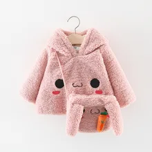 Г. Осенне-зимнее Детское пальто новое пальто из овечьей шерсти с капюшоном для девочек, шерстяная куртка двухслойный плотный вельветовый свитер сумка с кроликом