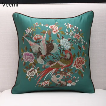

Chinese Style Embroidery Birds and Flowers Cushion Cover Peony Plant Pillowcase Decoration for Chair Sofa Waist Pillowcase