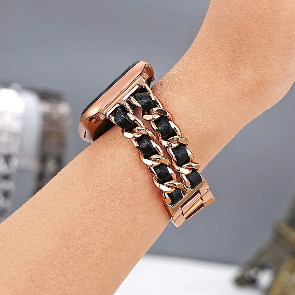 Elegant Leather Chain Metal Watchband