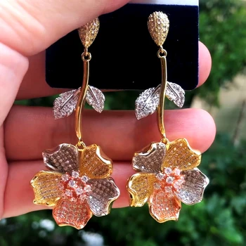 

GODKI 62mm Luxury 3 Tone Blossom Flower Full Micro Cubic Zirconia Paved Naija Wedding Party Earring Fashion Jewelry for Women