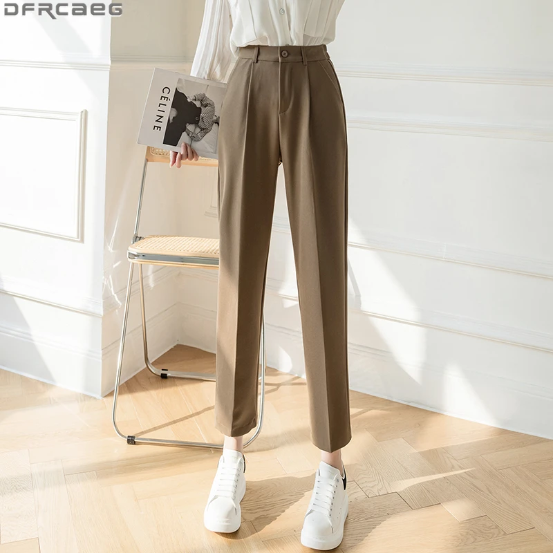 Pantalones coreanos elegantes para mujer, pantalón harén de cintura alta elástica, holgados, Blanco nuevo, negro y marrón, primavera y verano, 2021