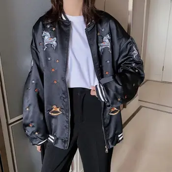 

HCBLESS 2019 Autumn Women's Child Pony Star Embroidered Pleated Sleeve Bomber Jacket Women's Jacket