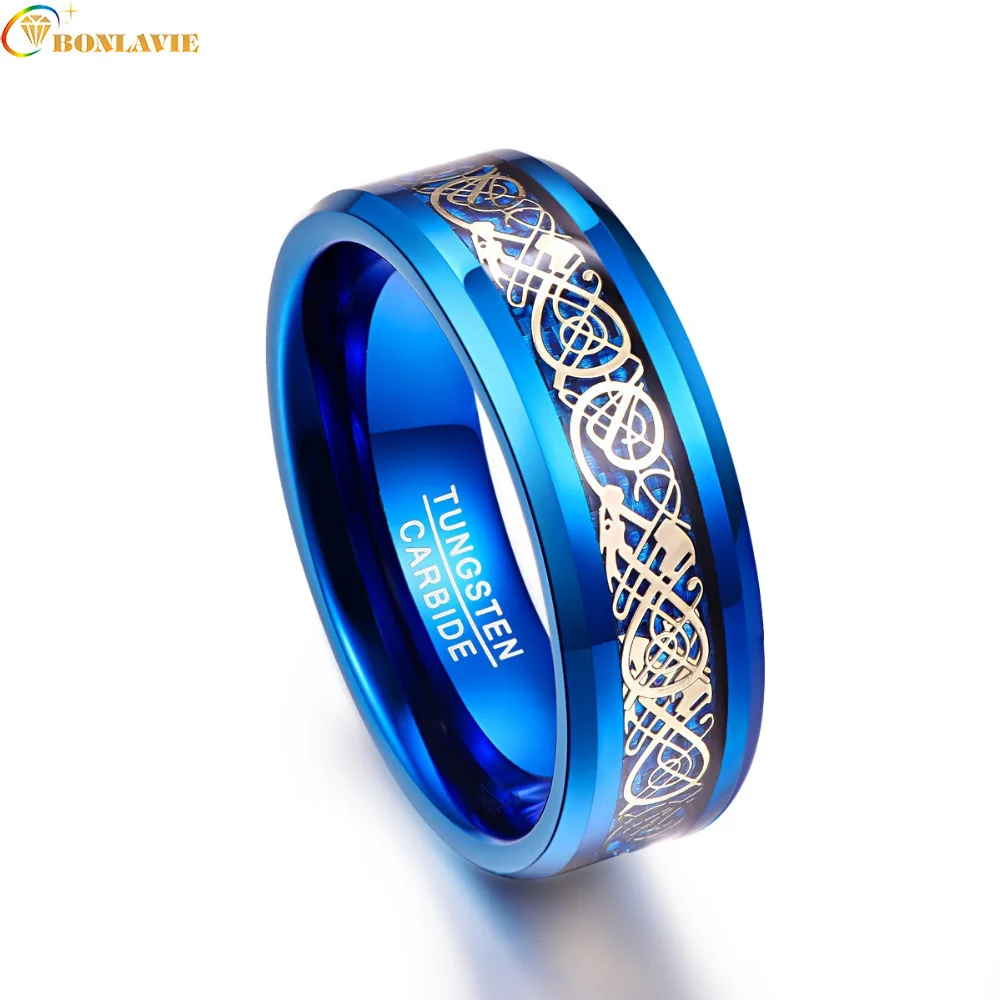 

BONLAVIE Men's 8mm Blue Tungsten Carbide Wedding Band Rings Gold Celtic Dragon Blue Carbon Fiber Beveled Edge
