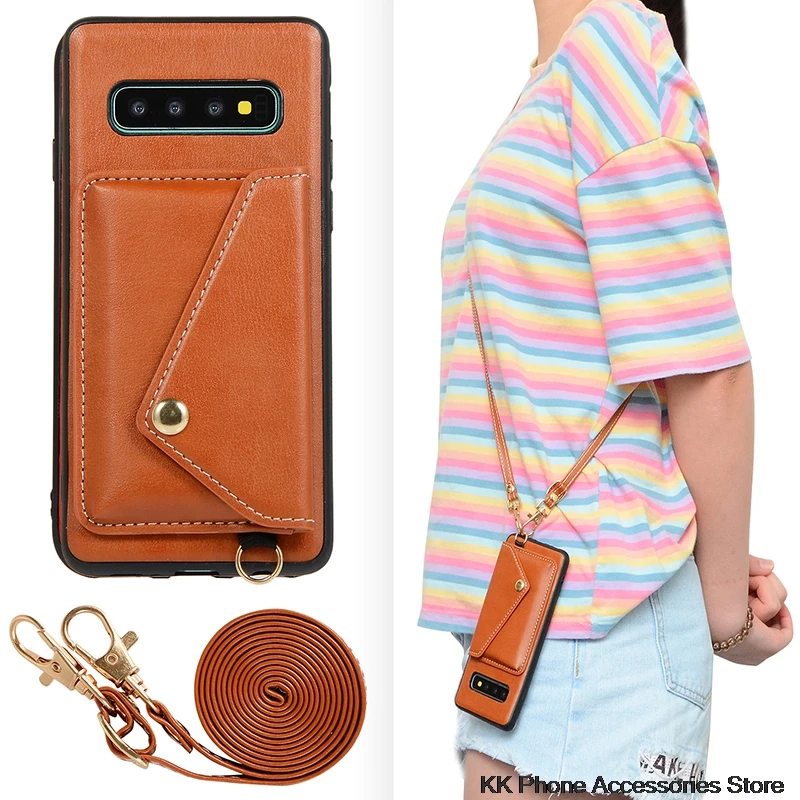 

Retro Leather Card Pocket Case For Samsung S9 S10 Plus S10e Wallet Crossbody Long Strap Back Cover For Samsung Note 9 Phone Case