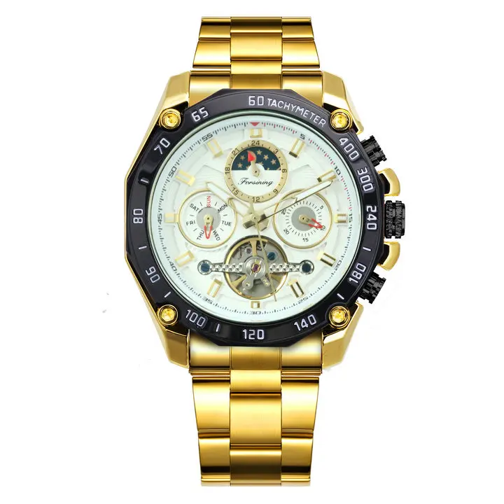 GOLDEN WHITE FORSINING Роскошные automatic Tourbillon часы Мужские лучший бренд из нержавеющей стали креативные часы Sun Moon Phase механические наручные часы - Цвет: GOLDEN WHITE