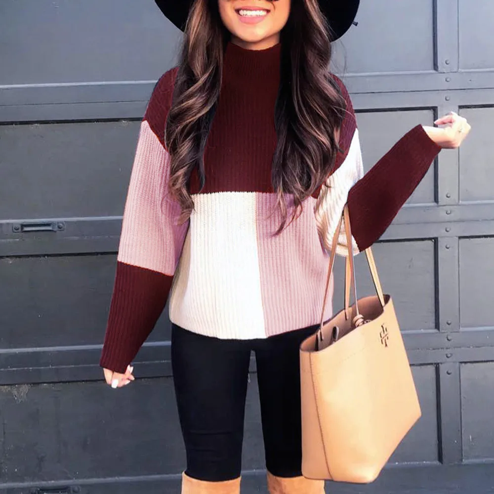 Jaycosin Women Colorblock Stand Long Sleeve Knitted Loose Sweater Tops Casual Quality Attractive Jumper Pullover Top Blouse