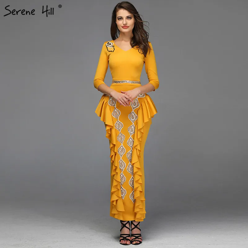 

Yellow V-Neck Mermaid Sexy Evening Dresses 2019 Ruffles Sequined Ankle-Lenght Evening Gowns Design Serene Hill QA8037