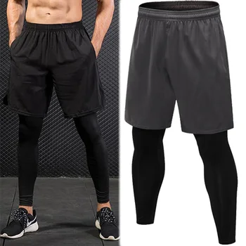 

Men's Fake Two-piece Tight Pants Running Fitness Drawstring Sweatpants Elastic Quick-drying Trousers Man Running Sport Pants New