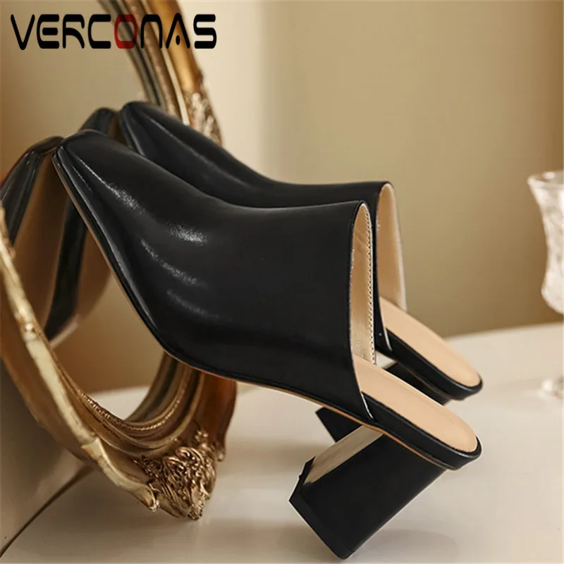 

VERCONAS 2020 Sexy Mules Woman Sandals Woman Pumps Classic Design Summer Genuine Leather Square Toe Square High Heel Shoes Woman