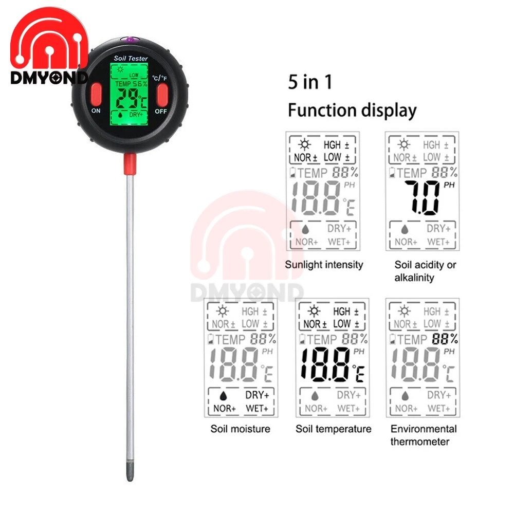 5 in 1 Soil Ph Meter Soil Tester PH Moisture Meter Temperature Sunlight Intensity Measurement Analysis Acidity Alkali 40% off