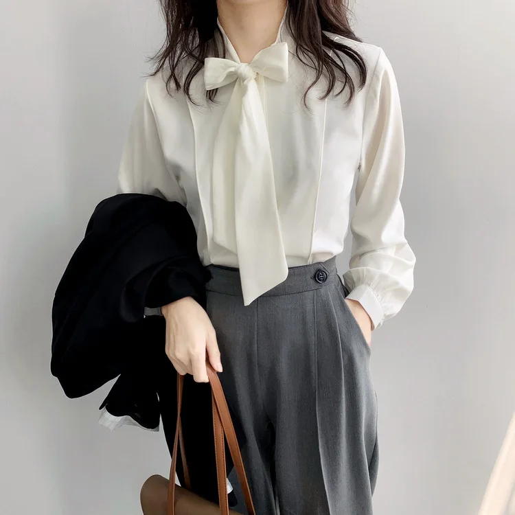 Шифоновая рубашка с бантом для женщин, Blusas Mujer De Moda, Корейская Осенняя модная шифоновая блузка с длинным рукавом, свободная элегантная женская блузка