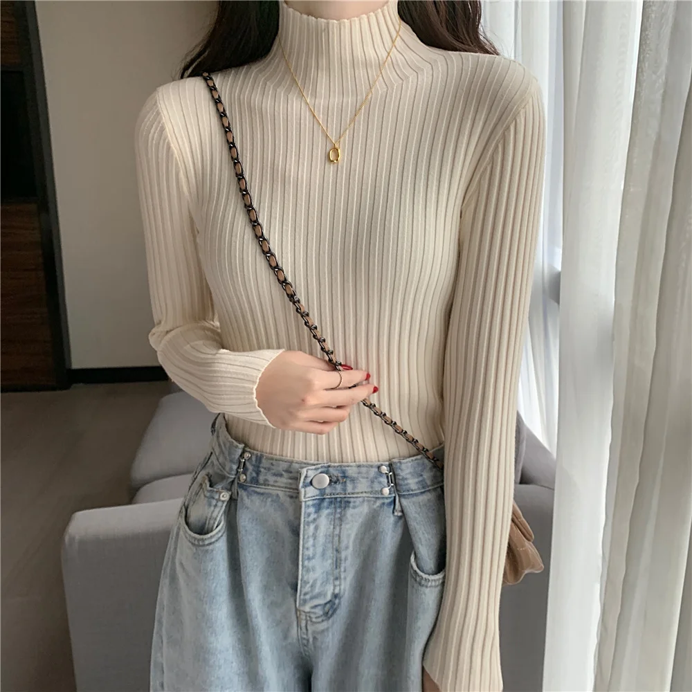 

2021 Autumn Winter Sweater Women Knitted Pullover Sweater Female Mock Neck Slim Soft Warm Sweaters Femme