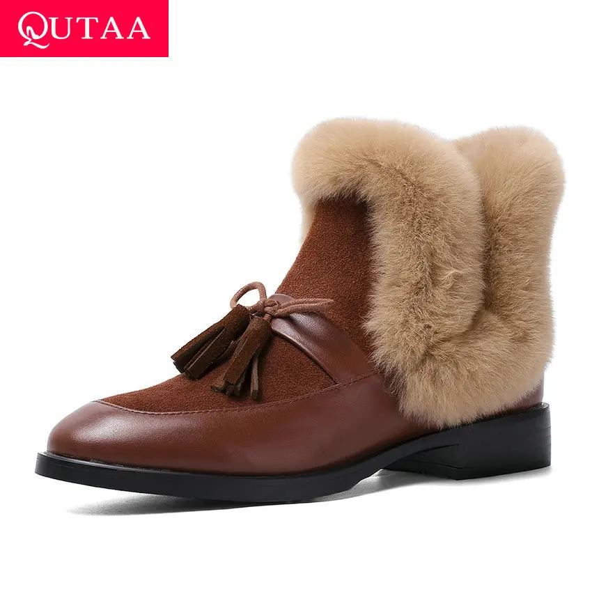 

QUTAA 2020 Round Toe Fashion Tassel Square Heel Quality Ankle Boots Cow Leather Cow Suede Rex Rabbit Hair Women Shoes Size 34-40