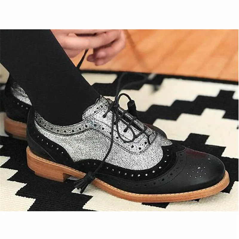 British Women Pu Leather Mixed Colors Perforated Lace Up Oxfords Brogues Wingtips Saddle Shoes For Work Ladies New Flats