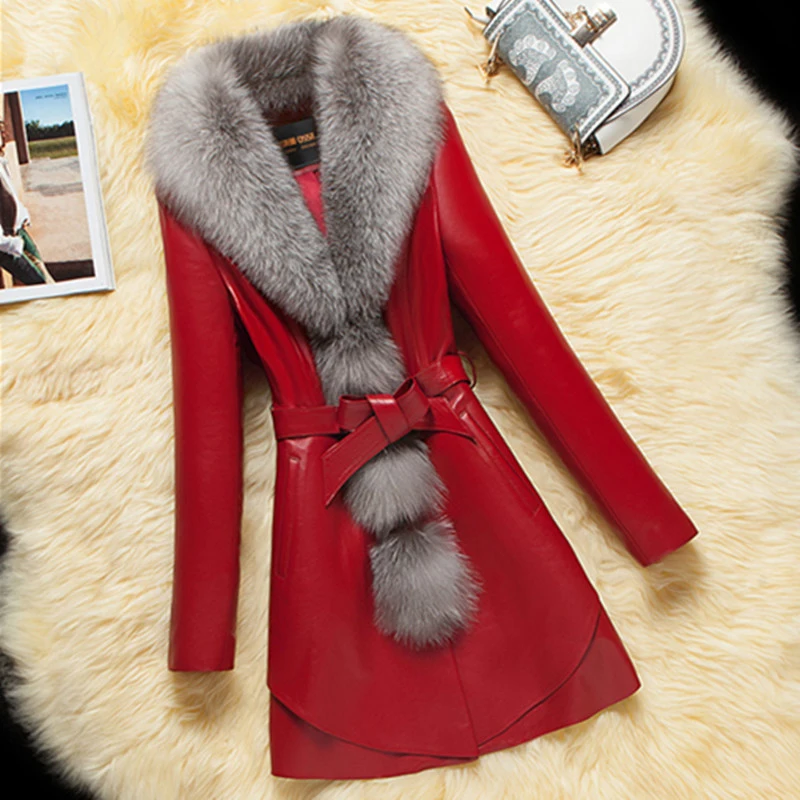 

Женская куртка из мытой кожи с воротником из искусственного лисьего меха, Длинные Куртки из искусственной кожи, повседневное теплое пальто, зимняя, 4XL, F1084