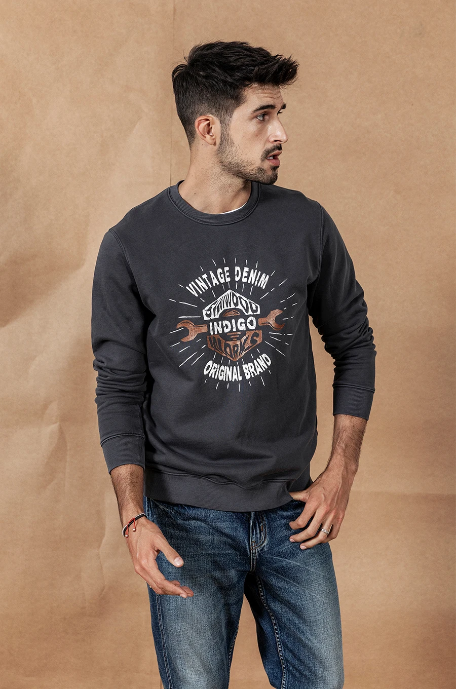 SIMWOOD Autumn Winter New Letter Print hoodies men vintage casual o-neck Indigo dye cotton Jogger Sweatshirt 190455