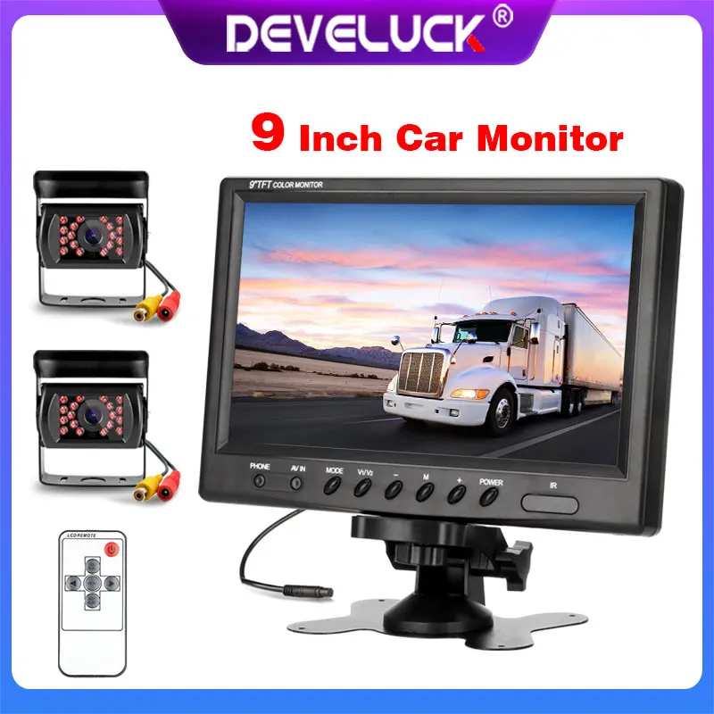 

9 inch Car Monitor HD Display Waterproof Backup cam Image Flip 12-24V Infrared night vision 2 video input Truck Crane Parking