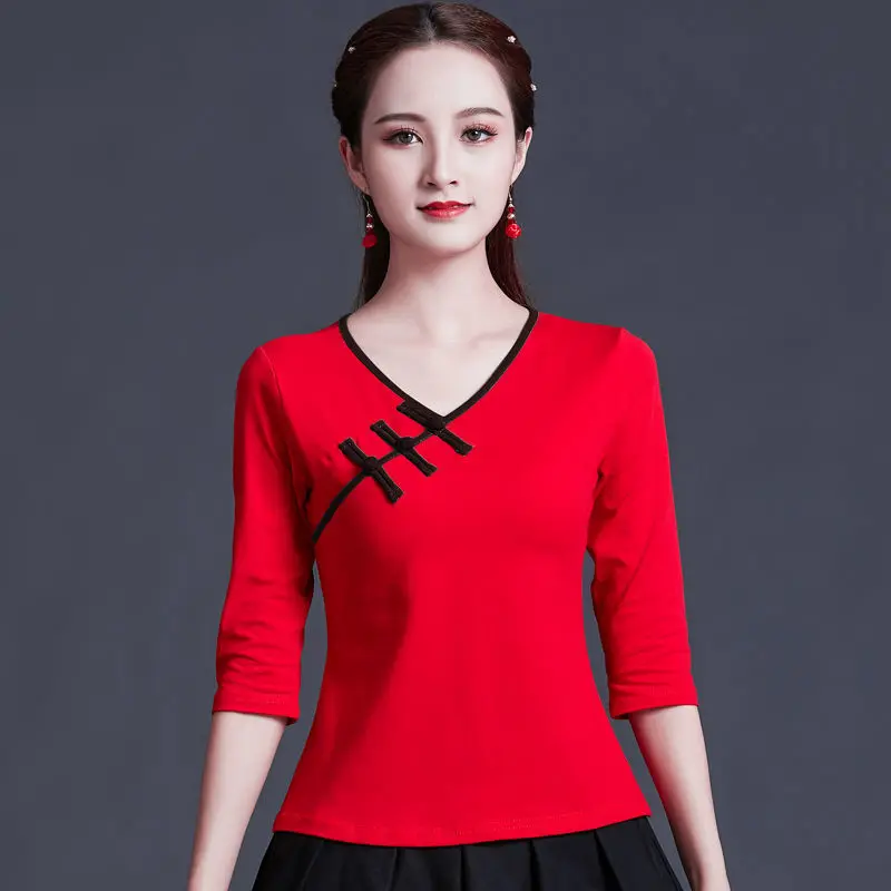 Cheongsam Women's Plus Size Short Tops Summer Cotton Blend Button Splicing Cheongsam Slim fit Chinese Qipao Shirts Woman