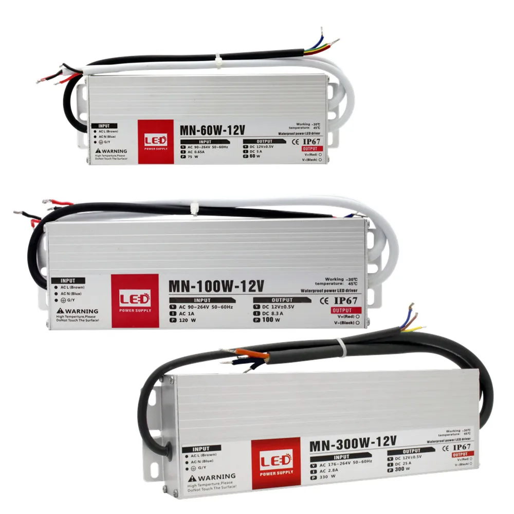 Ультратонкий водонепроницаемый IP67 Светодиодный драйвер Ac dc 12V / 24V 60W 80W 100W 120W 150W 200W