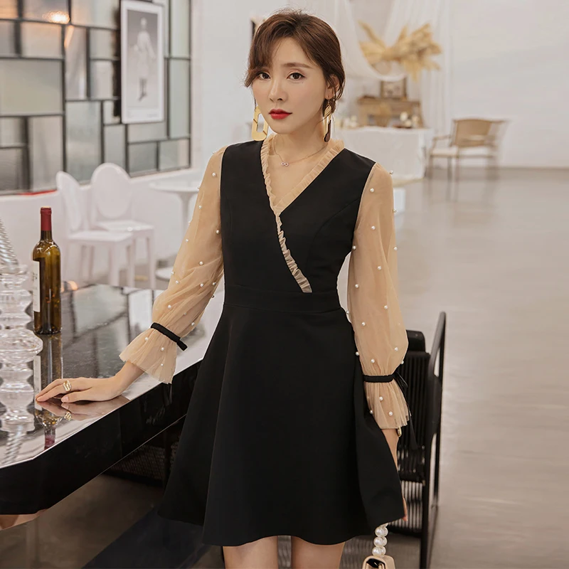 

YIGELILA Autumn Patchwork Women A-line Long Sleeves V-neck Solid Above-knee Mini Party Dress For Women 64912