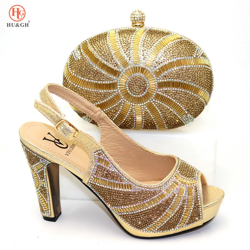 

2019 New Italian Shoes with Matching Bags for Wedding Italy Woman Italian Shoes and Bags Set Rhinestones Gold High Heels Sandals