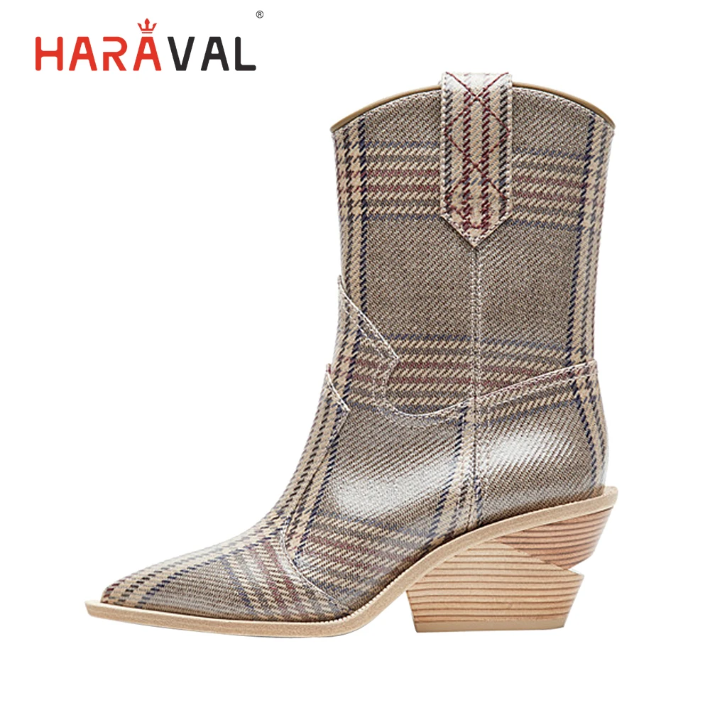 

HARAVAL Fashion Woman Winter Ankle Boot High Quality Pointed Toe Strange Heel Shoes Elegant Gingham Retro Warm Soft Lady Boots