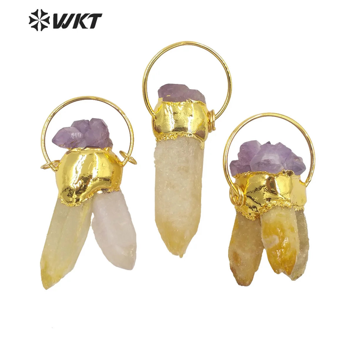 

WT-P1693 Amazing Gold yellow Amethysts quartz stone pendant women druzy cluster yellow quartz raw stone pendant for friends