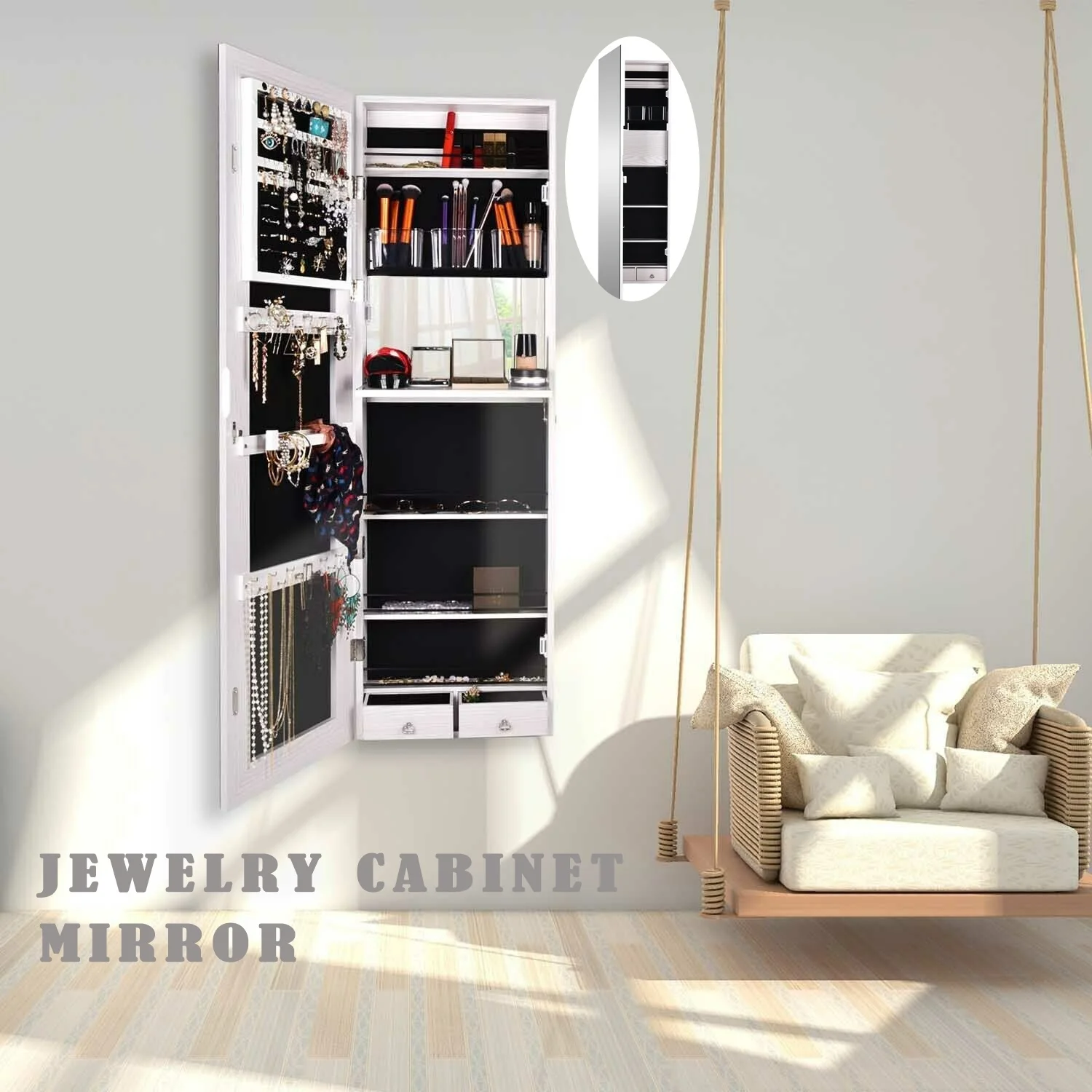 

Mirrored Wall Mounted Jewelry Cabinet Storage Organizer Armoire Door Hanging White
