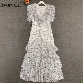 

Svoryxiu Fashion Designer Summer Women Sleeveless Long Dress Ladies Cascading Ruffle Dot Print Sweet Holiday V-Neck Dresses