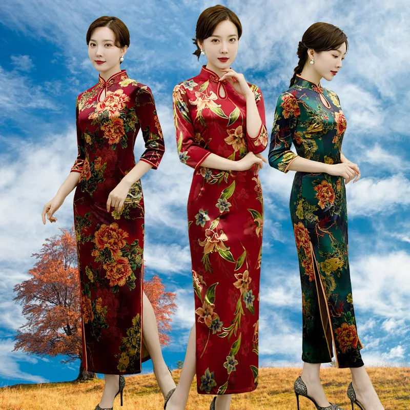 

2019 New Style Autumn Long Glorious Improved Velvet Chinese-style Classical Cheongsam